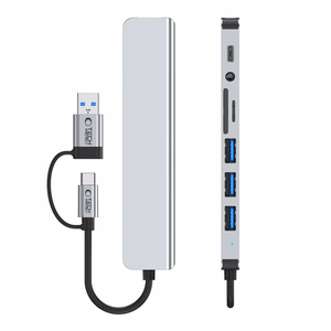 "Tech-Protect" HB06 HUB adapteris 8in1 TYPE-C + USB2.0 + USB3.0 + SD/TF + AV3.5 - pilkos spalvos