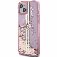 Guess Liquid Glitter Gold Stripes dėklas telefonui iPhone 15 Plus / 14 Plus - rožinis