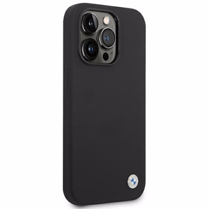 BMW Silicone Metal Logo dėklas iPhone 14 Pro Max - juodas