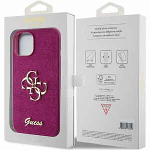 Guess Glitter Script Big 4G dėklas iPhone 15 - violetinis