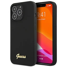 Dėklas Guess GUHCP13XLSLMGBK iPhone 13 Pro Max 6.7" juoda/juoda kietas dėklas Silikoninis Užrašas Auksinis Logotipas