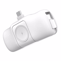 Wozinsky WF16-YCS 5000mAh 15W USB-C mini išorinė baterija su įmontuotu USB-C kabeliu ir Apple Watch įkrovikliu - balta