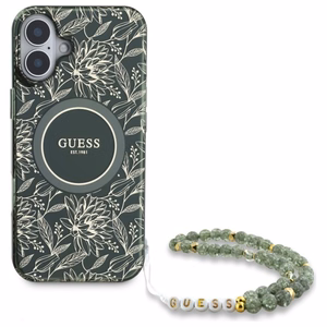 Guess IML Flowers Allover Electro With Pearl Strap MagSafe dėklas telefonui iPhone 16 - žalia