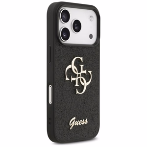 Guess PU Fixed Glitter 4G Metal Logo dėklas Apple iPhone 18 Pro, juodas