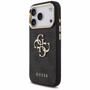 Guess PU Leather 4G Metal Logo Gold Frame dėklas Apple iPhone 18 Pro, juodas