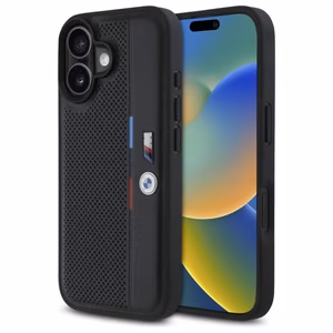 BMW M perforuota trispalvė linija iPhone 16 dėklas - juodas