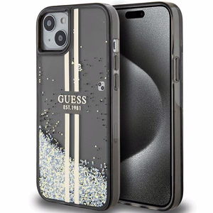 Guess Liquid Glitter Gold Stripes dėklas telefonui iPhone 15 Plus / 14 Plus - juodas