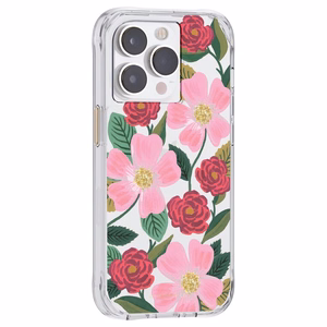 Rifle Paper Clear dėklas, skirtas iPhone 14 Pro, su aukso spalvos dekoru, „Rose Garden“ rašto