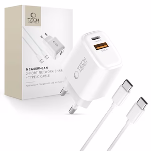 "Tech-Protect" NCA45W-GAN 2 prievadų 45 W sieninis įkroviklis su USB-C kabeliu - baltas