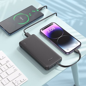 Išorinė baterija Hoco 10000 mAh 2A su įmontuotais kabeliais USB C + Lightning J118 juoda