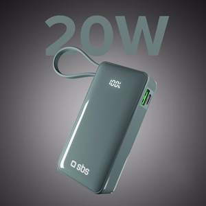 Išorinė baterija SBS 10000 mAh 20W su įmontuotu USB-C kabeliu ir skaitmenine indikacija - pilka