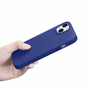 iCarer Litchi Premium odinis dėklas iPhone 14 Plus Magnetinis odinis dėklas su MagSafe Tamsiai mėlynas (WMI14220711-DB)