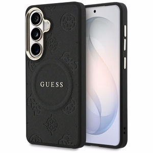 Guess Saffiano Peony Embossed Ring MagSafe dėklas Samsung Galaxy S26+ juodas