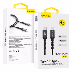 Blavec kabelis Raptor pintas - Type C į Type C - PD 60W 3A 0,5 metro Apple CarPlay/Android Auto (CRA-CC3BG05) juodas-pilkas