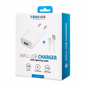 "Forever TC-01" įkroviklis 1x USB 1A baltos spalvos + "Lightning" laidas