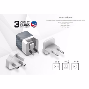 Energizer Ultimate A38QMU GaN kelioninis tinklo įkroviklis su EU / UK / US kištukais, USB-C + USB-A, 38 W PD + QC 3,0, sidabro spalvos