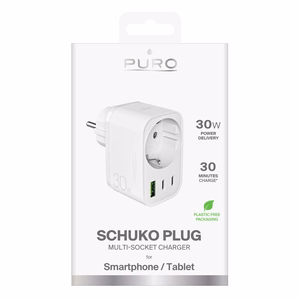 Puro 30W Power Delivery įkroviklis su Schuko kištuku ir lizdu 2x USB-C + 1x USB-A - baltas