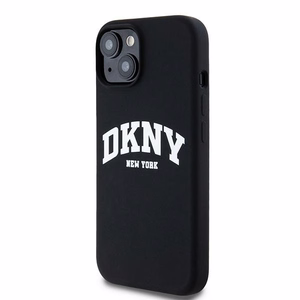 DKNY Skystas silikoninis dėklas MagSafe iPhone 15 / 14 / 13 su balto logotipo spauda - juodas (m)