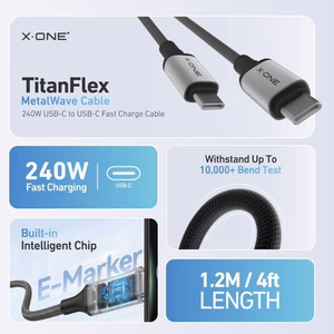 X-ONE TitanFlex duomenų laidas – C–C tipo – 5A, iki 240W, 1,2 m, juodas