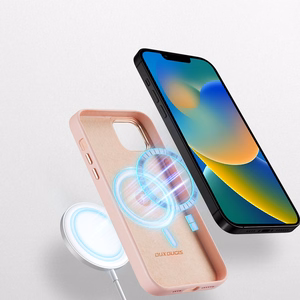 Dux Ducis Grit odinis dėklas iPhone 14 Plus Elegantiškas dirbtinės odos dėklas (MagSafe suderinamas) Rožinis