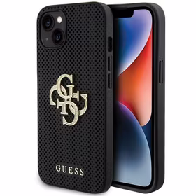 Guess Odinis perforuotas 4G Blizgantis logotipas dėklas iPhone 15 - juodas