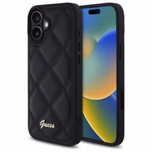 Guess Dygsniuotas Metalinis Logotipas dėklas telefonui iPhone 16 Plus - juodas