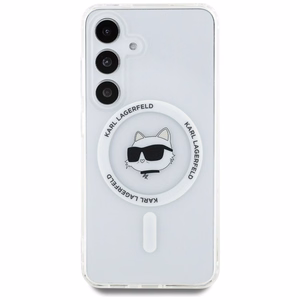 Dėklas Karl Lagerfeld Mygtukas Choupette Galva Spausdintas Logotipas Magnetinis Samsung Galaxy S25 balta
