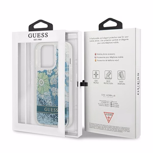 Guess GUHCP13XLFLSN iPhone 13 Pro Max 6.7" žalias/žalias kietasis dėklas su gėlių skysčio blizgučiais