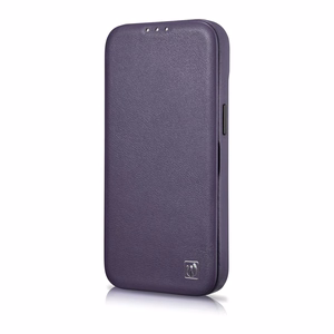 iCarer CE Premium odinis folio dėklas iPhone 14 Plus magnetinis atverčiamas odinis folio dėklas MagSafe tamsiai violetinė