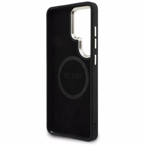 Guess 4G Big Rhinestone Triangle Strap MagSafe dėklas + dirželis Samsung Galaxy S26 Ultra juodas