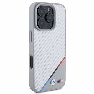 BMW M anglies trispalvė linija Magnetinis dėklas iPhone 16 Pro - pilkas
