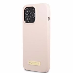 Guess GUHMP13LSPLP iPhone 13 Pro / 13 6.1" rožinis/rožinis kietas dėklas Silikoninis Logo Plate Magnetinis