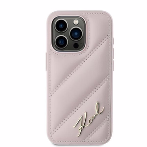 Karl Lagerfeld įstrižai dygsniuotas Script dėklas telefonui iPhone 15 Pro - rožinis
