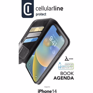 Cellularline Book Agenda dėklas, skirtas iPhone 14, su medžiagoje integruota antibakterine „Microban“ technologija, juodas