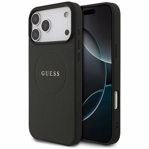 Guess Grained Gold Ring MagSafe dėklas, skirtas iPhone 18 Pro Max / 17 Pro Max – spalva: juoda
