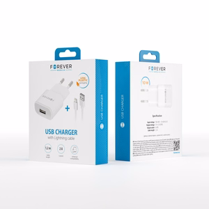 "Forever TC-01" įkroviklis 1x USB 2A baltos spalvos + "Lightning" laidas