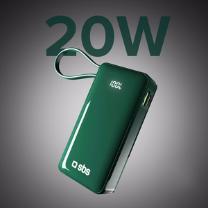Išorinė baterija SBS 10000 mAh 20W su įmontuotu USB-C kabeliu ir skaitmenine indikacija - žalia