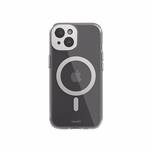 Moshi iGlaze MagSafe dėklas, skirtas iPhone 15, skaidrus su „Luna Silver“ spalvos detalėmis