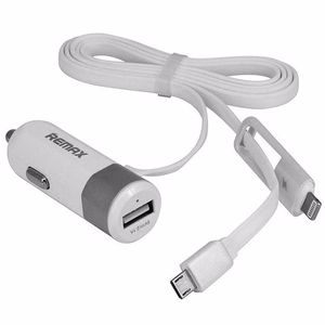 REMAX automobilinis įkroviklis RCC-102 - USB - 3,4A su 2 in 1 kabeliu Micro USB, Lightning sidabrinis