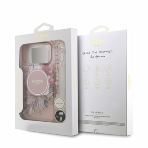 Dėklas Guess IML Flowers Strap MagSafe Apple iPhone 17 Pro Max rožinis