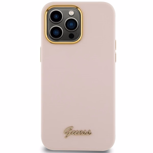 Guess silikoninis dėklas telefonui su metaliniu logotipu ir rėmeliu iPhone 15 Pro Max - rožinis