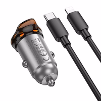 Automobilinis įkroviklis Hoco USB C QC PD 30W + kabelis USB C į Lightning NZ16 metalinis pilkas