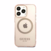 Guess GUHMP13LHTCMP iPhone 13 Pro / 13 6.1" rožinis/rožinis kietas dėklas telefonui su auksiniu kontūru, permatomas Magnetinis MagSafe