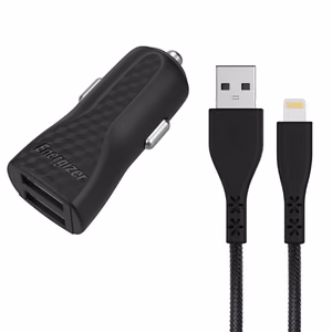 Energizer HardCase DC2CLLIM car charger, 2 × USB-A, 17 W / 3.4 A, with MFi-certified Lightning cable, black