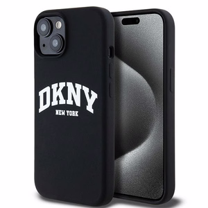 DKNY Skystas silikoninis dėklas MagSafe iPhone 15 Plus / 14 Plus su balto logotipo spauda - juodas (m)