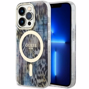 Guess GUHMP14XHLEOPWB iPhone 14 Pro Max 6.7" mėlynas kietas dėklas Leopard Magnetinis