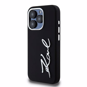 Karl Lagerfeld silikoninis metalinis scenarijaus logotipas dėklas telefonui iPhone 15 Pro Max - juodas