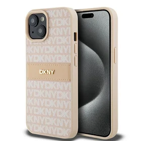 DKNY Odinis mono juosta ir metalinis logotipas dėklas telefonui iPhone 15 Plus / 14 Plus - rožinis