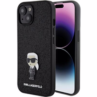 Karl Lagerfeld Fiksuotas blizgučių Ikonik logotipas metalinis kaištis dėklas iPhone 15 - juoda