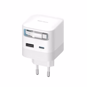 Cuktech AD653W maitinimo adapteris 67 W GaN, su 2 USB-C ir USB-A jungtimis bei 70 cm įtraukiamu USB-C laidu – baltas